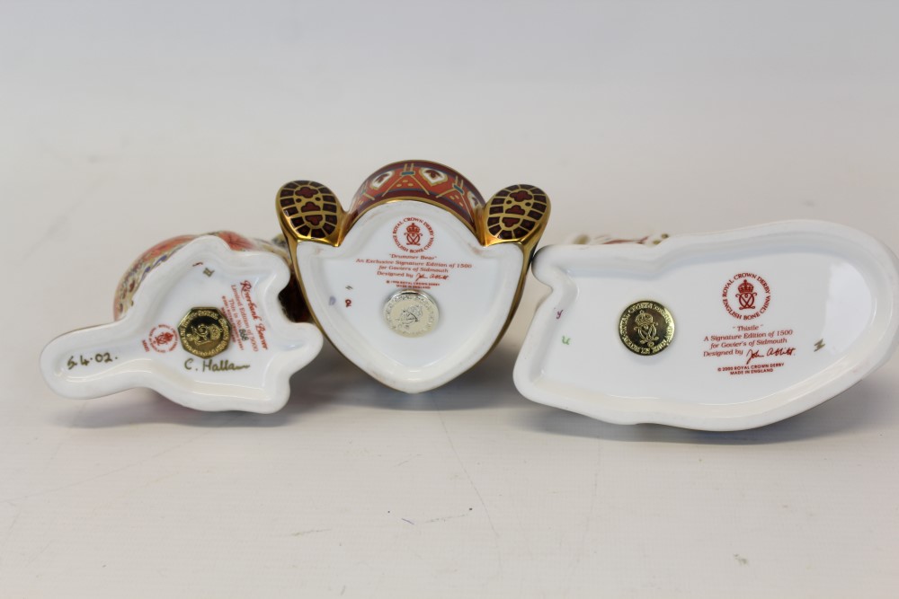 Three limited edition Royal Crown Derby paperweights - Thistle no. 493 of 1500, Riverbank Beaver no. - Image 2 of 2