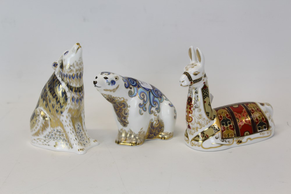 Three Royal Crown Derby paperweights - Llama and Wolf and Polar Bear