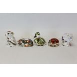 Five Royal Crown Derby paperweights - Derby Dormouse, Catnip Kitten, Mouse,