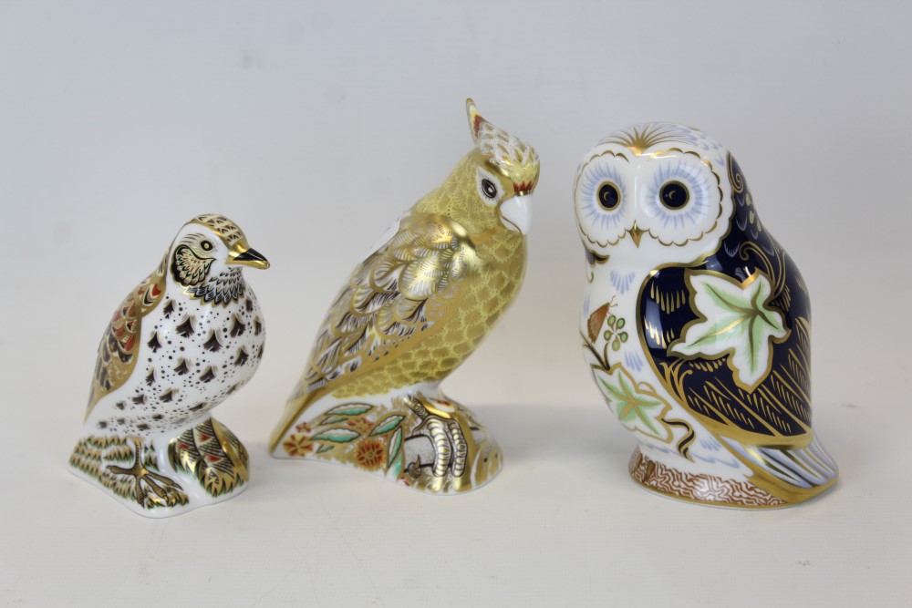 Three Royal Crown Derby paperweights - Citron Cockatoo, Twilight Owl and Song Thrush,