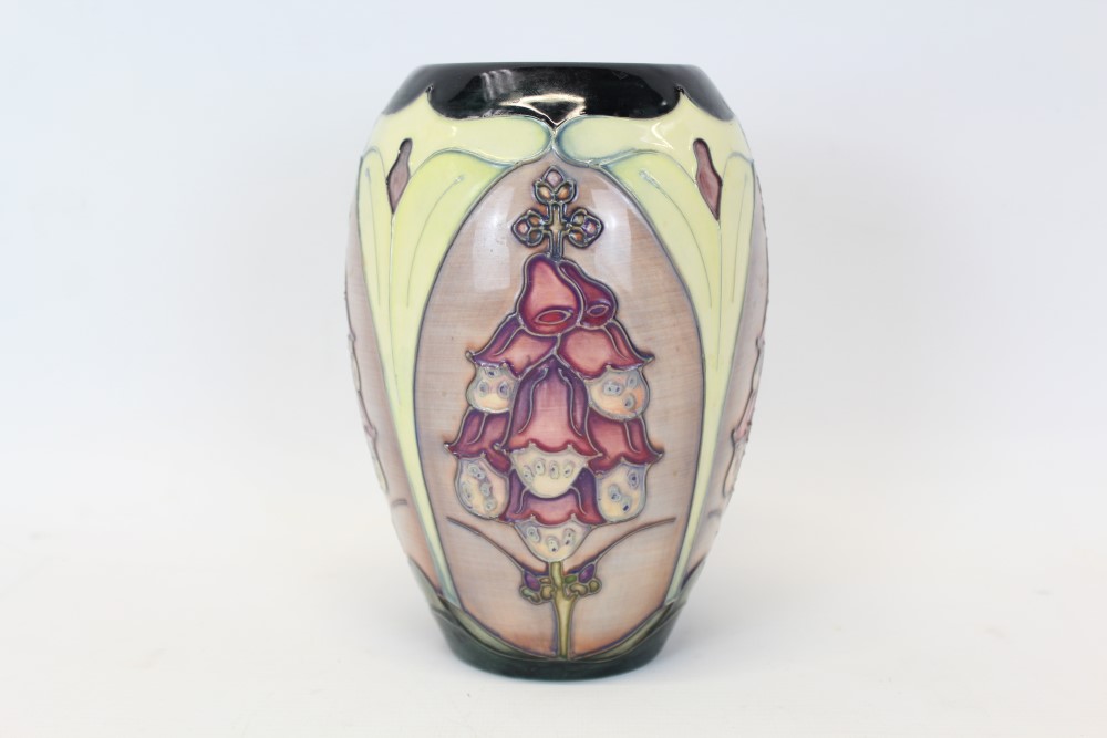 Moorcroft Pottery vase decorated in the Foxglove pattern, impressed and painted marks to base, 18.