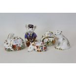 Five Royal Crown Derby paperweights - Schoolboy Teddy, Sleeping Piglet, Polar Bear Cub Sitting,