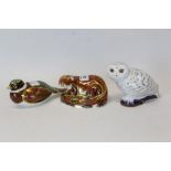 Three Royal Crown Derby paperweights - Otter, Woodland Pheasant and Snowy Owl,