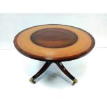 Quality Mahogany & Leather Coffee Table Dimensions: Diamenter 89cm 50cm H