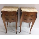 Elegant Pair of French Marble Top Marquetry Inlaid Night Stands