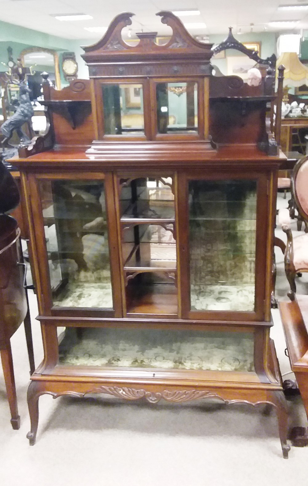 Unusual Edw Inlaid Mahogany Display Cabinet on Cabriole Leg