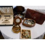 Two wooden boxes, fitted case and handbag containing a large quantity of assorted costume jewellery