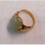 A marked 22k eastern yellow metal ring, set with oval cabochon jade panel
