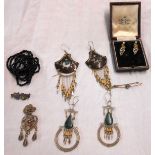 A pair of 9ct. gold and seed pearl earrings, unmarked rose metal and opal bar brooch - sold with a