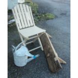 A painted wood slat back garden chair - sold with a vintage galvanised watering can (a/f) and a