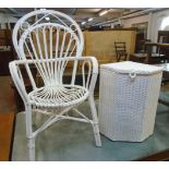 A Lloyd Loom corner linen basket - sold with a cane framed elbow chair - both with later white