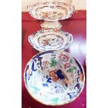 A mid 19th Century Ironstone tazza - sold with two matching dishes, Amherst pattern junket bowl