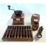 An abacus - sold with a miniature barrel from the teak of H.M.S. Spartiate, another from H.M.S. Iron