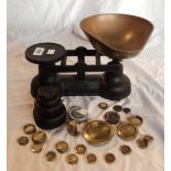 A set of Salter kitchen scales with brass pan and assorted weights