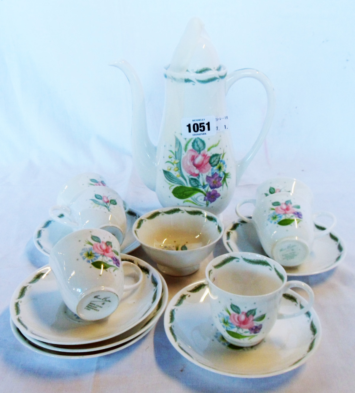 A Susie Cooper Fragrance pattern part coffee set including coffee pot and sugar bowl