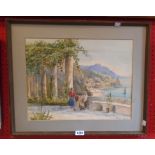 Florence Thorpe: a framed watercolour view of the Amalfi coast with figures in the foreground -