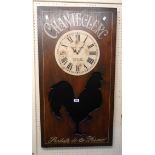 An antique style decorative advertising panel wall timepiece "Chantclerc", with fret cut cockerel