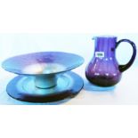 A Portmeirion Pearlescent Aubergine and Silver glass bowl, plate and an aubergine coloured jug