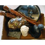 A quantity of collectable items including African figures, bust of Beethoven, hand mirror, etc.