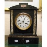 A late Victorian black slate and marble cased mantel clock with generic French eight day gong