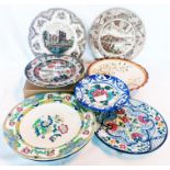 A collection of decorative plates including Masons, Minton and a boxed Royal Albert Old Country