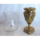 A pierced brass table lamp base and etched glass thistle shaped shade - lamp missing