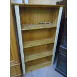 A 32" modern waxed part painted pine four shelf open bookcase, also two small metal coat racks