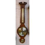 A modern polished wood banjo barometer/thermometer with humidity dial under marked Weathermaster "