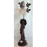 A bronze coloured figural table lamp in the form of a lady with a parasol, with frilled and