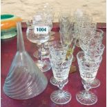 A quantity of stemmed glasses including Sherry and liqueur - sold with a ribbed spiral glass funnel