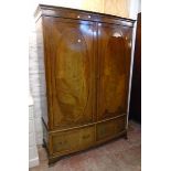 A 4' 8 1/2" 19th Century mahogany veneered bow front double wardrobe with moulded cornice, part