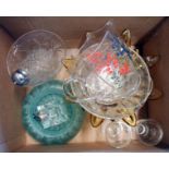 A box containing a collection of glassware including dimpled cube table lighter, bowls, part