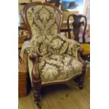 A Victorian mahogany part show frame spoon back drawing room armchair with moulded and scroll