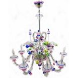 A Venetian Murano eight branch electrolier in pink and blue with profuse coloured glass flower