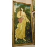 A large gilt framed reproduction oil on canvas, depicting a young lady in a yellow dress