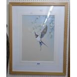 John R. Morris: a framed mixed media study of a swallow chasing a butterfly - signed and dated '87 -