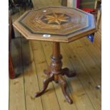 A 21 1/2" Victorian octagonal topped pedestal table with specimen wood inlays set on turned pillar