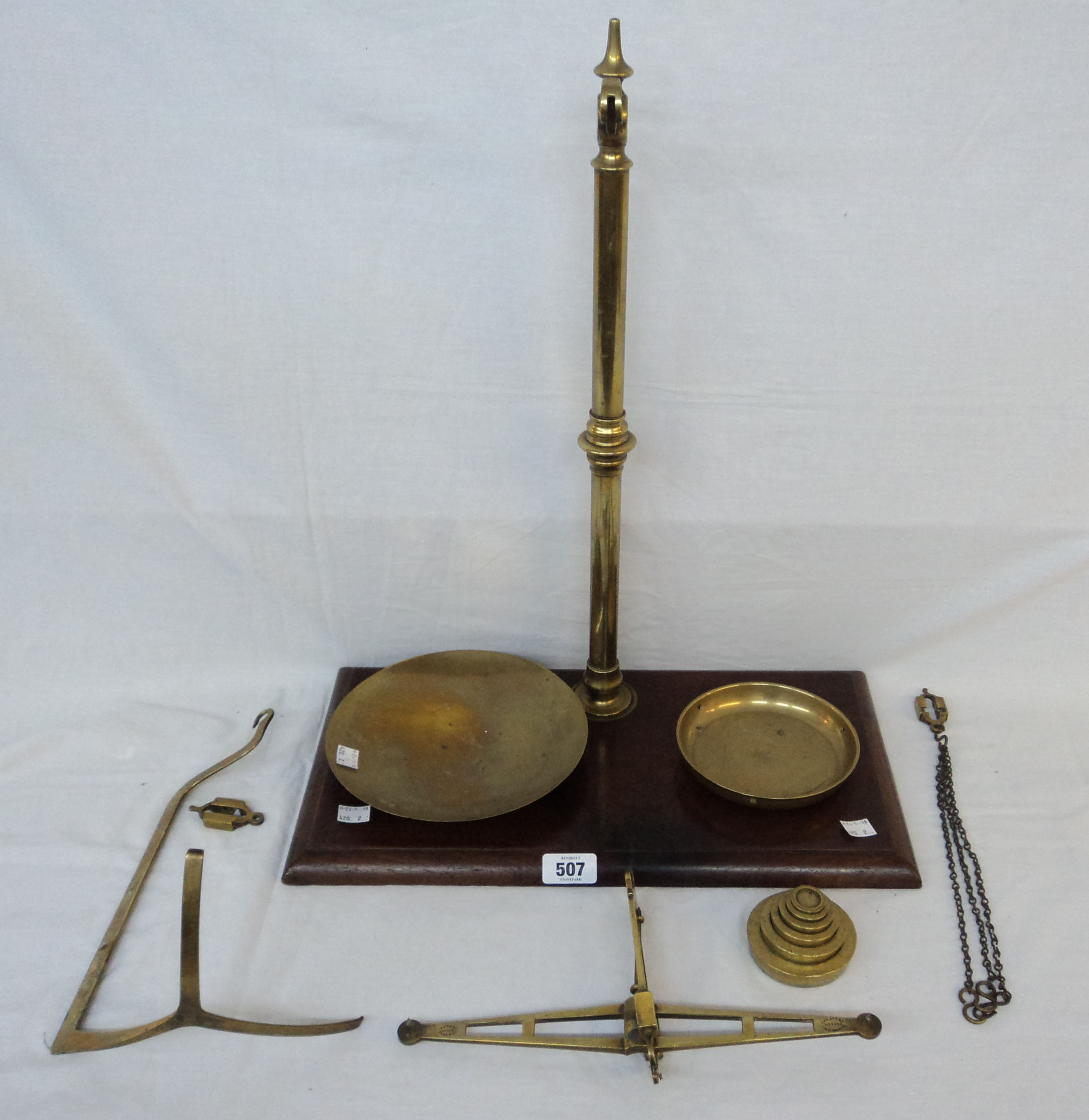 A large set of W. & T. Avery brass balance scales and weights - pin missing