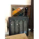 Two leaded light coloured glass window panes - sold with another similar