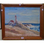 †John King: an oak framed oil on board coastal view with lighthouse - signed and dated '67