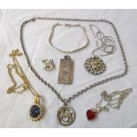 A small quantity of silver, white metal and other jewellery including half ounce ingot pendant,