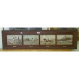 A decorative oak framed quadruple image hunting scene with named tinted prints, "The Draw" to "A