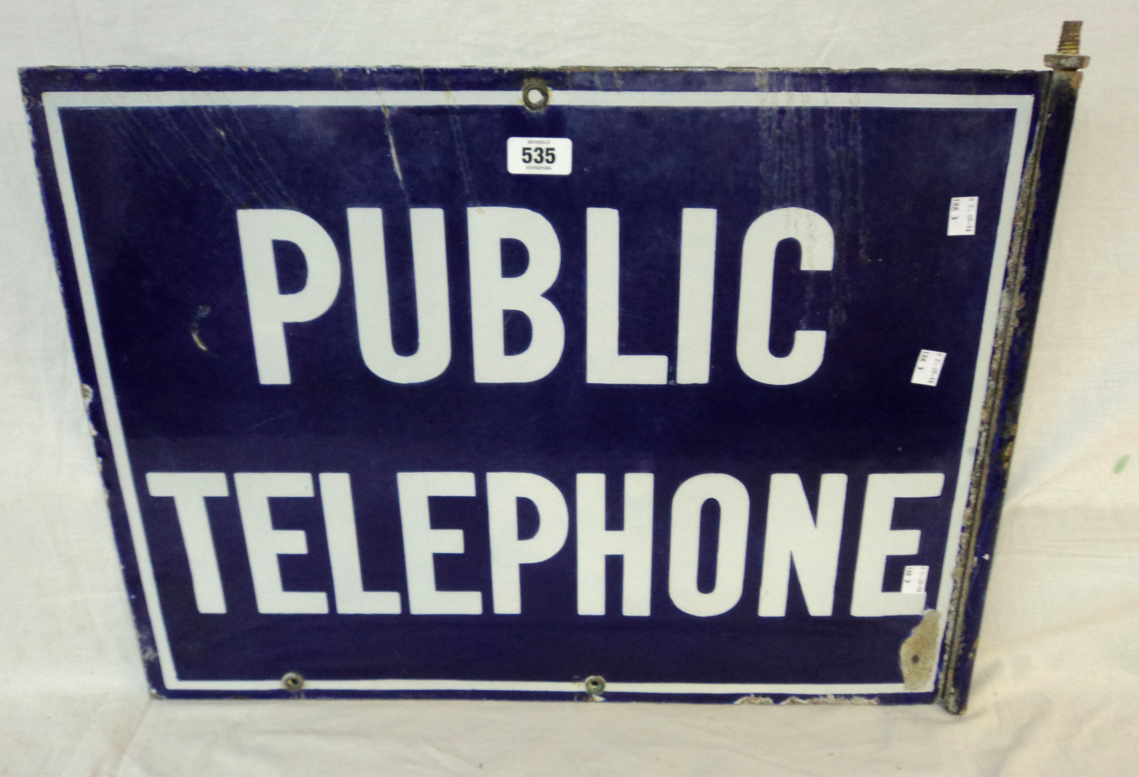 An early-mid 20th Century double sided blue enamel Public Telephone sign with original bracket - Image 2 of 2