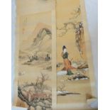 Two late 19th Century Japanese silk scrolls. one depicting a geisha, the other a waterside scene (