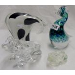 A Wedgwood glass duck - sold with a glass piebald horse and two glass frog ashtrays
