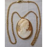 A 2" yellow metal framed oval shell cameo brooch on heavy marked 9k chain
