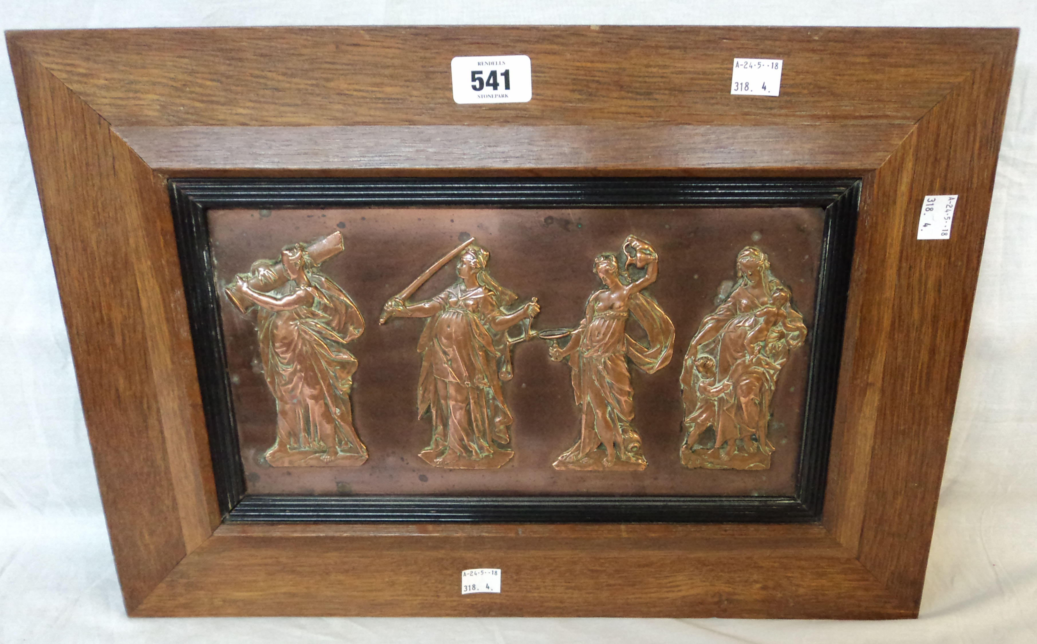 A framed set of four copper moulds of Classical style figures in the manner of John Flaxman,