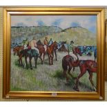 Mack: a modern gilt framed oil on canvas, depicting horses and jockeys preparing for the start of