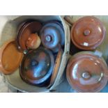 A box containing a quantity of French Bazar Francais Vallauris part glazed terracotta cooking pots