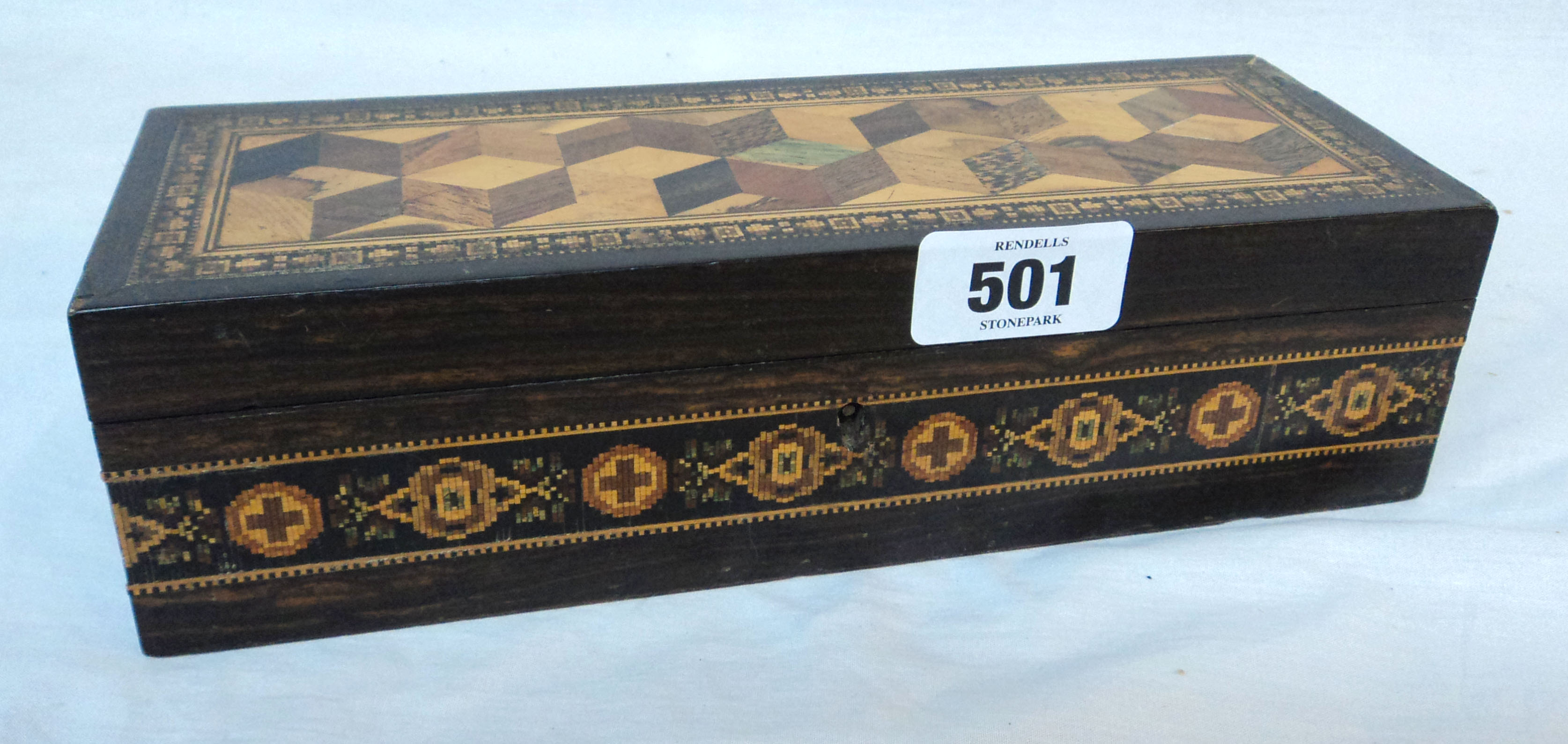 A late Victorian Tunbridge ware glove box with geometric pattern to lid, bearing label to base for